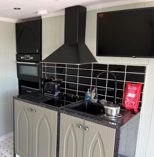a kitchen with a sink and a black tiled wall at The Little Fountain House in Dawlish