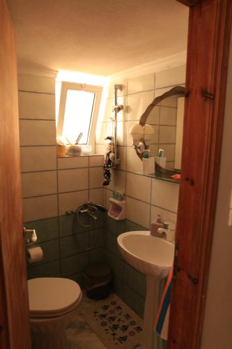 a small bathroom with a sink and a toilet at Sunrise seahouse in Vromopoúsi