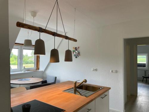 a kitchen with a sink and a counter top at Burgerblick in Brodersby