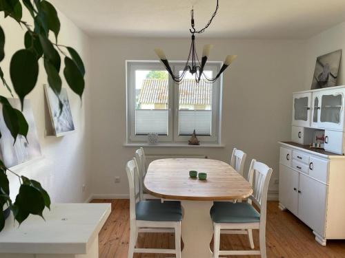 a kitchen with a table and chairs in a room at Burgerwiese in Brodersby