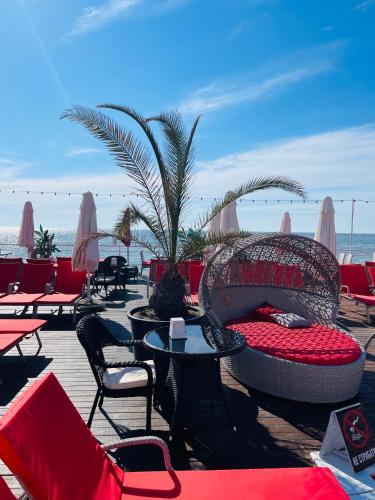 a patio with tables and chairs and a palm tree at Arkadia Beach Hotel in Odesa