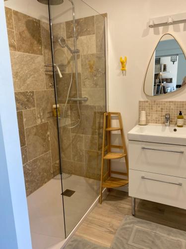 een badkamer met een douche en een wastafel bij Côté Court in LʼIsle-sur-la-Sorgue