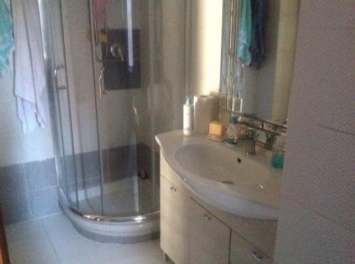 een badkamer met een douche en een wastafel bij La casina di Silverio in Rio Marina