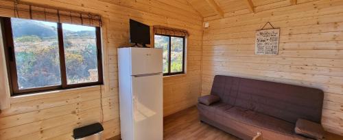 Zimmer mit einem Kühlschrank und einem Sofa in einer Hütte in der Unterkunft Las casitas de Pao in El Pinar del Hierro