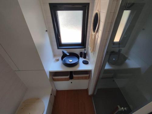 a small bathroom with a sink and a window at Tiny house chez Caroline in Gaillan-en-Médoc