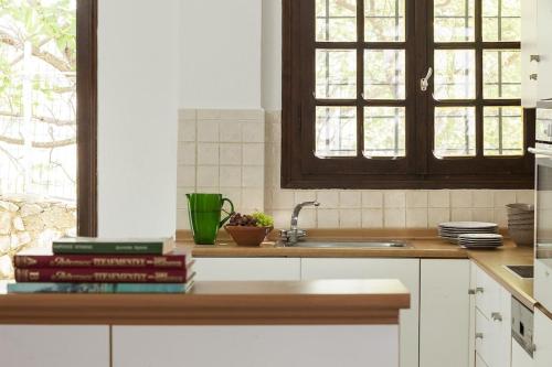 a kitchen counter with a sink and a pile of books at Mani Tower by Olive Villa Rentals in Oítilon