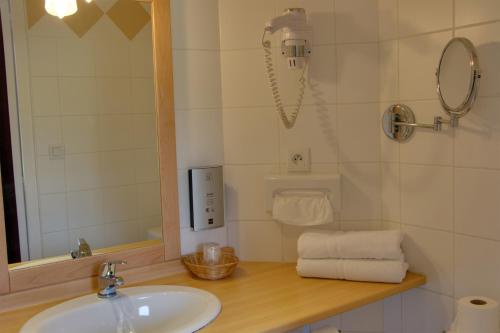 La salle de bains est pourvue d'un lavabo, d'un miroir et d'un téléphone. dans l'établissement Le Chalet de la Foret Logis Hôtel 3 étoiles et restaurant, à Vierzon
