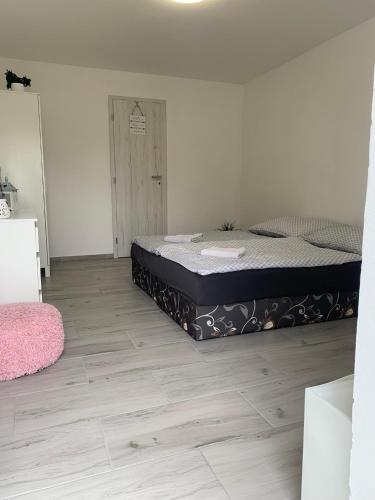 1 dormitorio con 1 cama en el suelo de madera en Ubytování u Zelníčků en Chvalovice