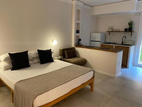 a bedroom with a large bed and a kitchen at Koralline accommodation in Tropea