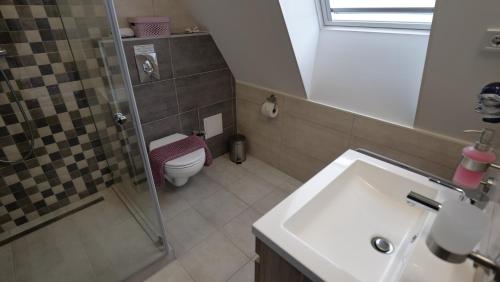 a bathroom with a shower and a sink and a toilet at Anna Villa Füred Boutique Rooms in Balatonfüred