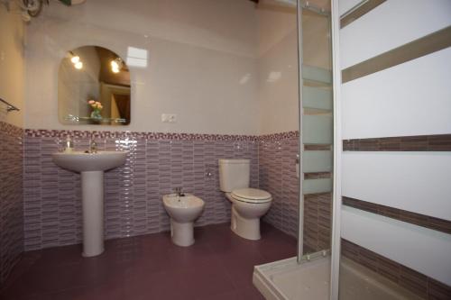 bagno con 2 servizi igienici, lavandino e doccia di Casa Criseva II ad Avín