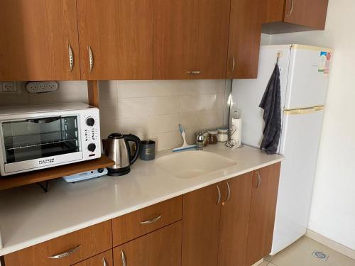 a small kitchen with a sink and a microwave at Jerusalems Nest in Jerusalem