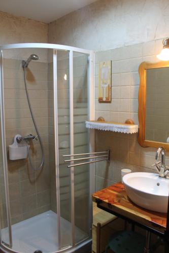 a bathroom with a shower and a sink at Casa Rural Baobab in Romancos