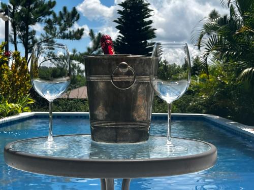 two glasses of wine on a table next to a pool at Haus unter Palmen in Jarabacoa
