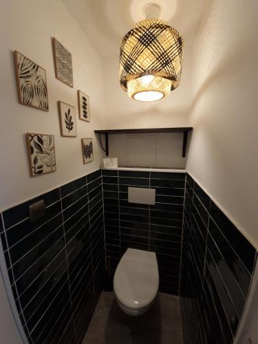baño con aseo y lámpara de araña en Studio Eden Jacuzzi, en Amiens