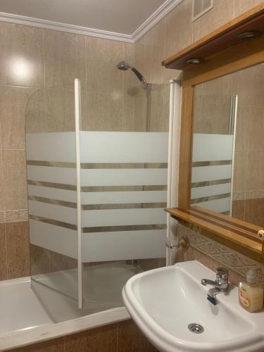 a bathroom with a sink and a shower and a mirror at Piso de Ana in Narón