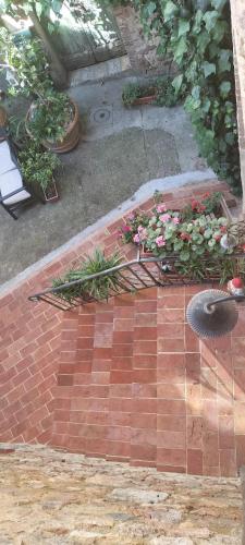 a garden with flowers on a brick path at Antico Borgo di Torri in Sovicille
