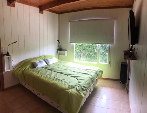 a bedroom with a green bed with a window at Casa Roja in El Calafate