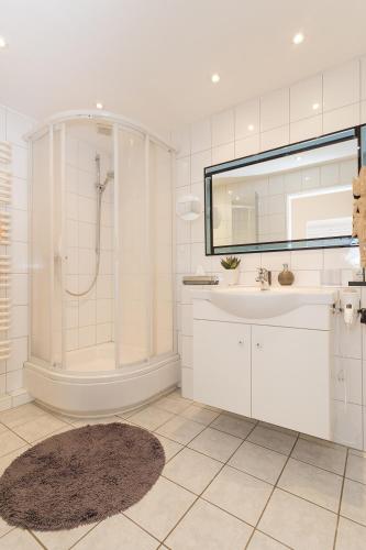 a bathroom with a shower and a sink and a mirror at Amici JBST 4 Whg Amici in Norderney