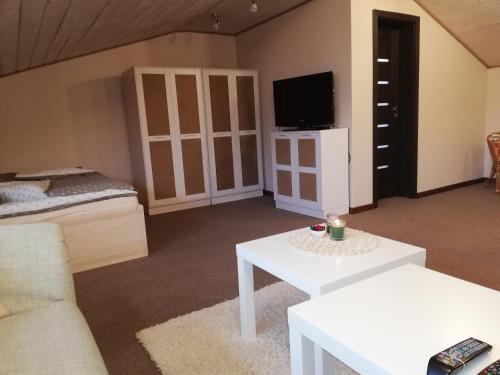 a living room with a couch and a tv at Penzión u Coľa in Prievidza