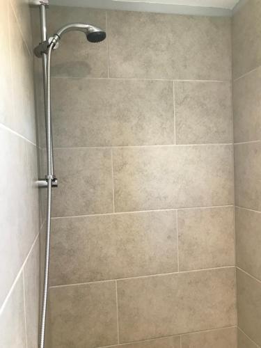 a shower with a shower head in a bathroom at Ben Klibreck, Ben Hope, Ben Hee in Torroboll