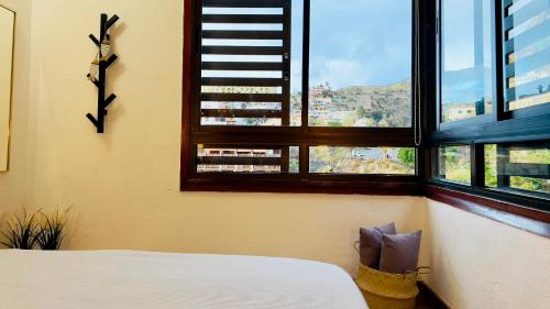 1 dormitorio con cama y ventana con vistas en Apartamento La Playa, en Icod de los Vinos