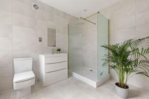 a bathroom with a toilet and a shower and a plant at Stunning studio flat with free on-street parking! in Plumstead