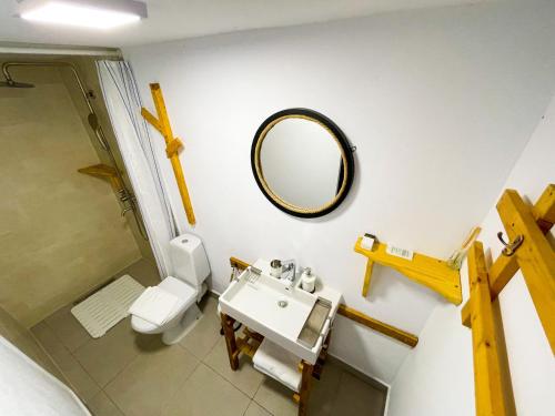 a bathroom with a sink and a mirror and a toilet at Manu B&B in Murighiol