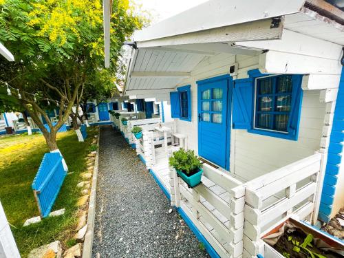 a blue and white house with a porch at Manu B&B in Murighiol