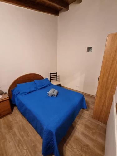 um quarto com uma cama azul e um cobertor azul em Departamento en pleno centro de Ciudad de Mendoza em Mendoza