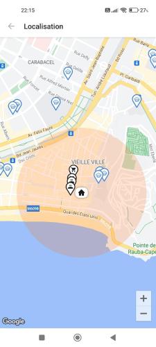 une carte montrant l'emplacement d'un mile de ville dans l'établissement Appartement 2 minutes de la mer Nice vieille ville, à Nice