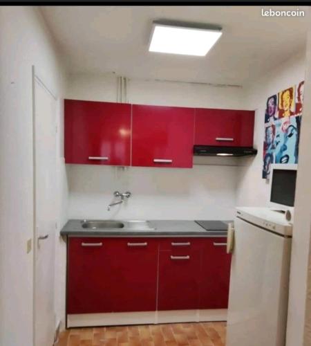 une cuisine avec des armoires rouges et un évier dans l'établissement Appartement 2 minutes de la mer Nice vieille ville, à Nice