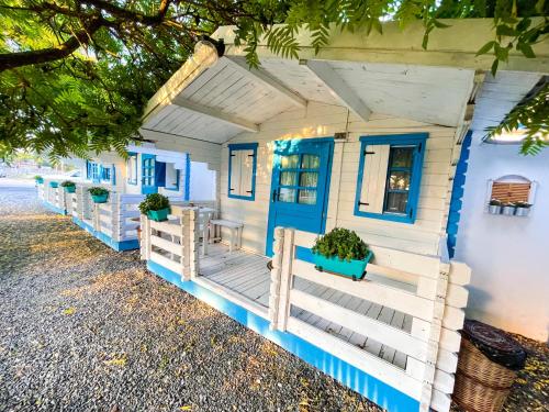 a tiny house with blue doors and a porch at Manu B&B in Murighiol