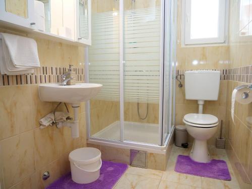 La salle de bains est pourvue d'une douche, de toilettes et d'un lavabo. dans l'établissement Apartment Nikica, à Primošten