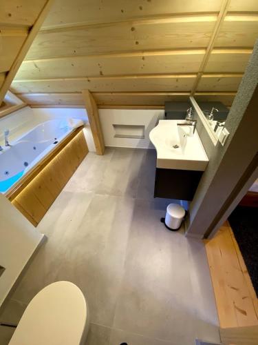 a bathroom with a tub and a sink and a toilet at APARTAMENT GLICZARÓWKA in Gliczarów