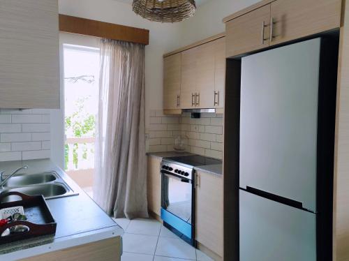 a kitchen with a white refrigerator and a sink at THREE GRACES Apartments ZAKYNTHOS TOWN in Zakynthos Town