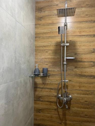 a shower in a bathroom with a wooden wall at Dili guest house in Dilijan