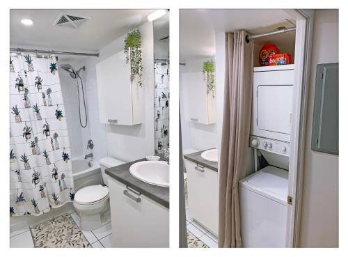 two pictures of a bathroom with a toilet and a sink at Cozy Condo in Centre of Downtown Toronto in Toronto
