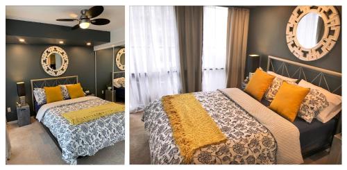 a bedroom with two beds and a mirror on the wall at Cozy Condo in Centre of Downtown Toronto in Toronto