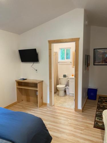 a bedroom with a bed and a bathroom with a toilet at Talkeetna Wilderness Lodge & Cabin Rentals in Sunshine