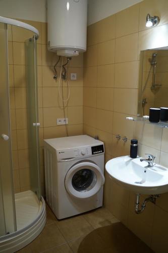a bathroom with a washing machine and a sink at Apartmán Vejprty in Vejprty