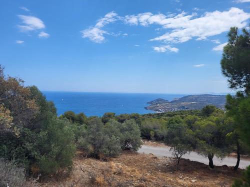 a view of the ocean from a hill with trees at Possidon in Agia Marina Aegina