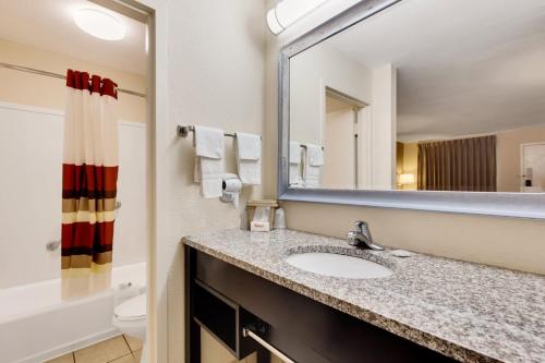 a bathroom with a sink and a mirror at Red Roof Inn Gulfport - Biloxi Airport in Gulfport