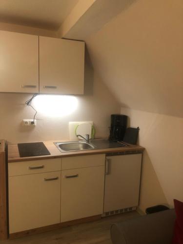 uma pequena cozinha com um lavatório e uma luz em Apartment Ballova em Balve