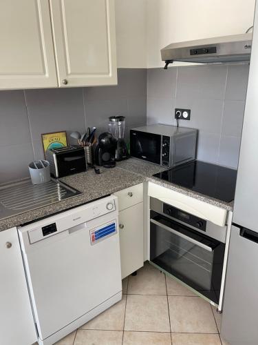 une petite cuisine avec une cuisinière et un micro-ondes dans l'établissement Moderne T2 cassis plein centre Climatisé - 200 m du port, à Cassis