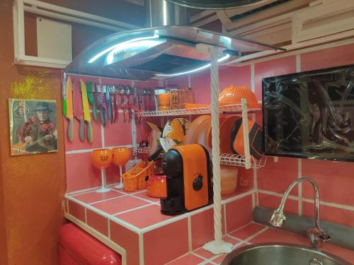 eine Küche mit einer Spüle und einem Kleiderständer mit Küchenutensilien in der Unterkunft Elvis - Marilyn - Vasco Rossi - Airport Catania Center in Catania