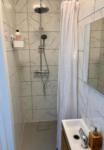 a bathroom with a shower curtain and a sink at Sweet Grey SPA in Liège