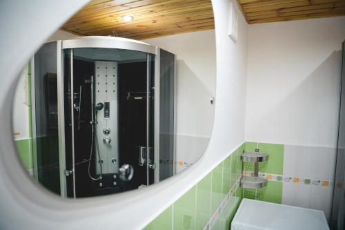 a mirror in a bathroom with a shower at Apartmán Levandule in Lesŭňky
