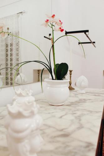a white vase with flowers in it on a counter at Le volte di Umberto in Sogliano Cavour