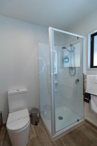 a bathroom with a toilet and a glass shower at The Bealey Hotel in Arthur's Pass